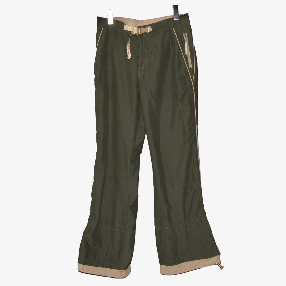 Vintage Olive Green Wide-Leg Drawstring Pants with Tan Trim